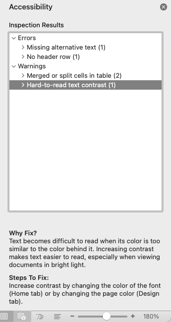 example of the accessibility checker in microsoft word highlighting contrast