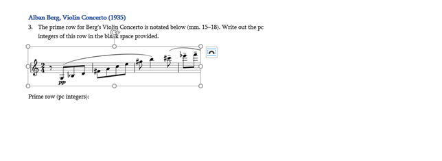 Example of a notation assignment and alt text example of the notation: Prime row with notes: G3, B-flat 3, D4, F-sharp 4, A4, C5, E5, G-sharp 5, B5, E-flat 6, F6