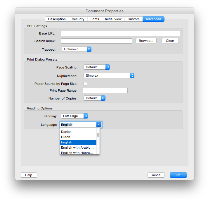 Example of the settings to select language in Adobe Acrobat Pro