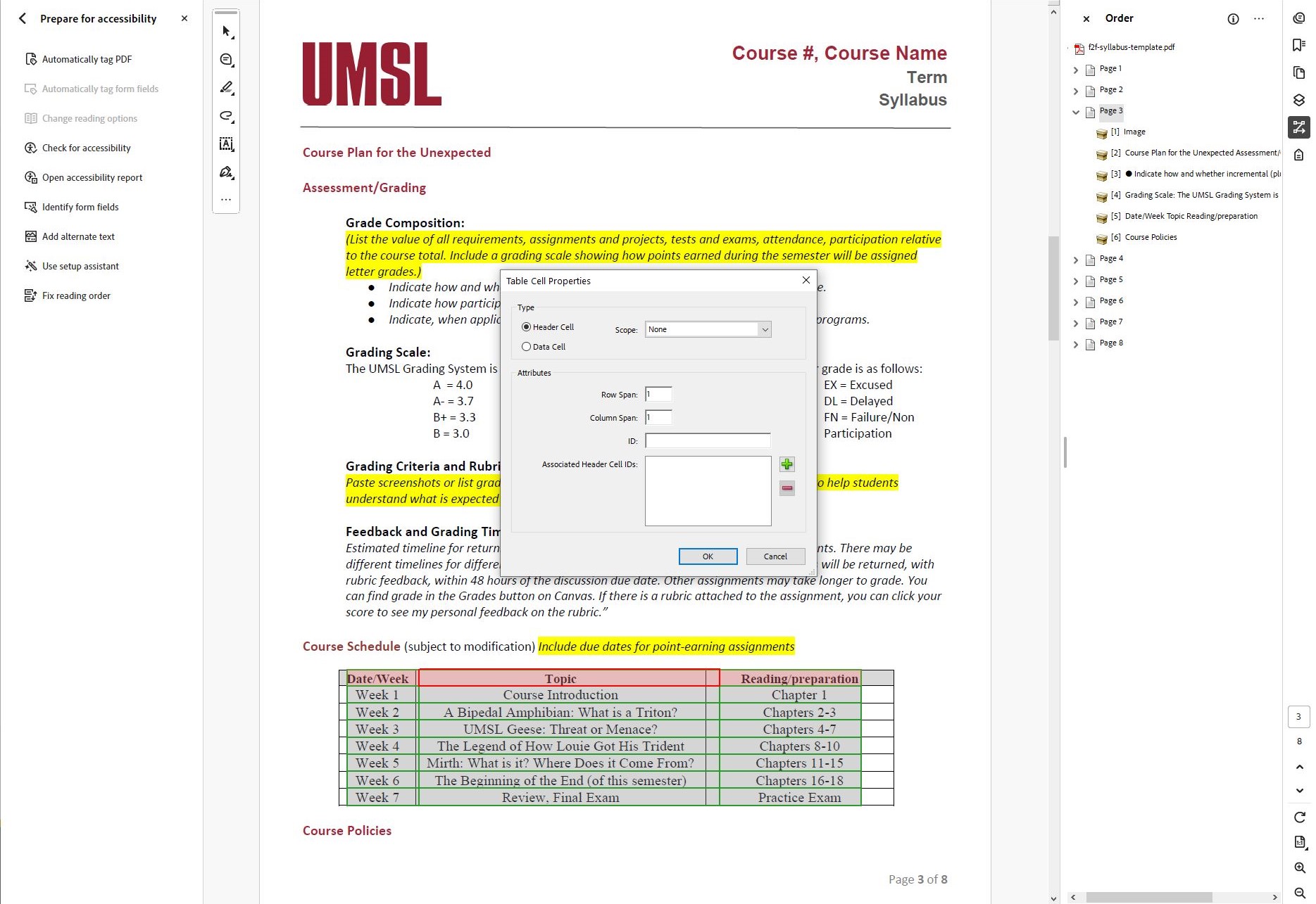Example of Table Cell Properties in Adobe Acrobat