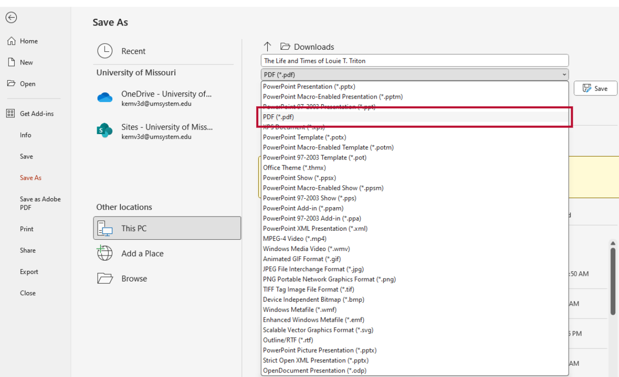 Example of PowerPoint Save As menu, PDF option is highlighted