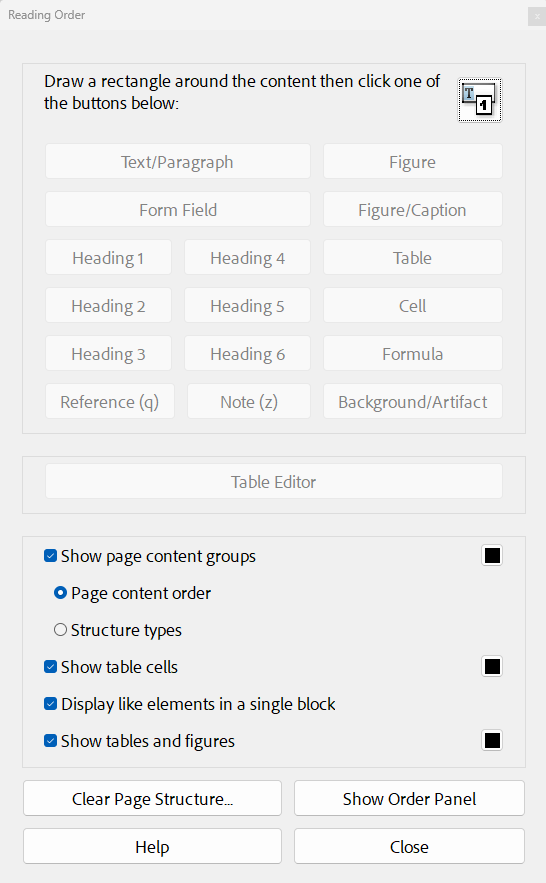 Example of the Reading Order tool dialogue box in Adobe Acrobat Pro