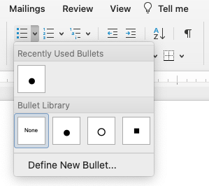 screenshot of the ribbon in Microsoft Word, which includes buttons for “Bullets”, “Numbering”, and “Multilevel list.”