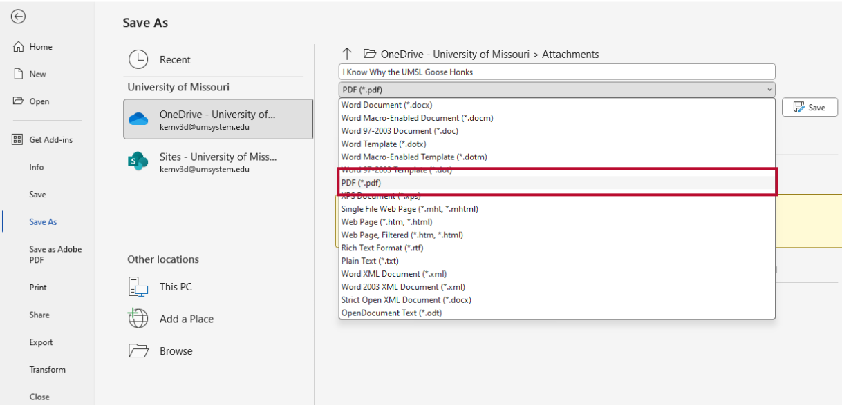 Example of Microsoft Word Save As menu, PDF option is highlighted