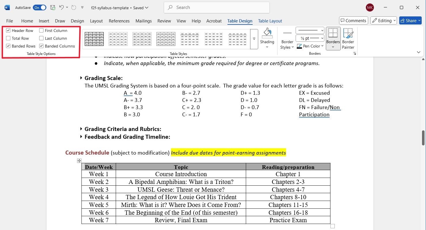 Example of Table Design tool in Microsoft Word