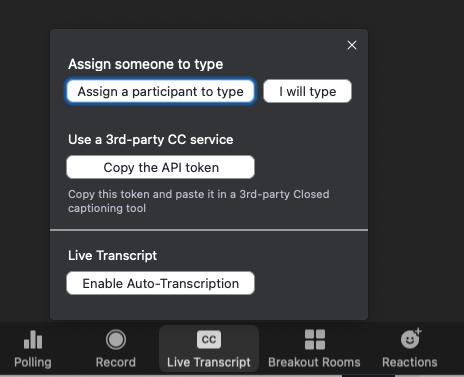 example of live transcription settings in Zoom