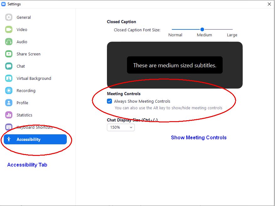 screenshot of Zoom's accessibility settings, highlighting to turn on the meeting controls option