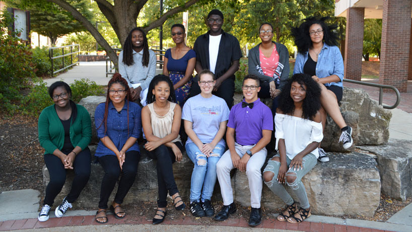Since Express Scripts first announced the major investment two years ago, a dozen north St. Louis County teens have benefited from the scholarship support, including (front row, from left) Kendra Clark, Danielle Fedrick, Kalynn Clinton, Mya Miranda, Nick Rosario and Ahriel Foreman along with (back row, from left) Kevin Hall, Jenita Larry, Matthew Ayinmodu, Faith Ferguson and Sarah Staples.