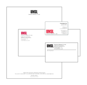 UMSL logotype stationery items and business card