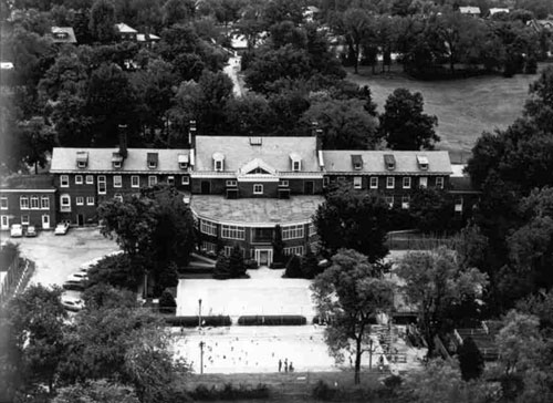 aerial of Administration Building with pool