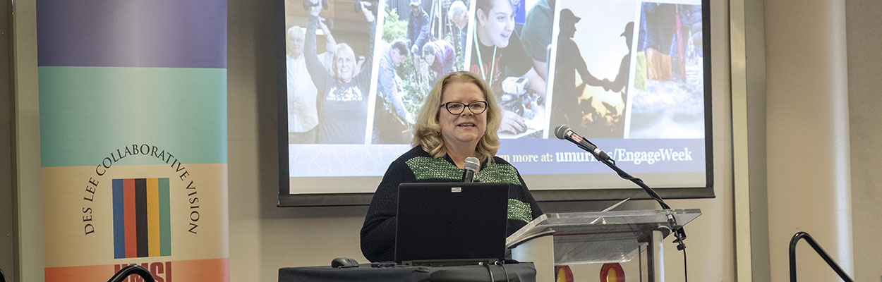 Chancellor Sobolik speaking at a Des Lee event