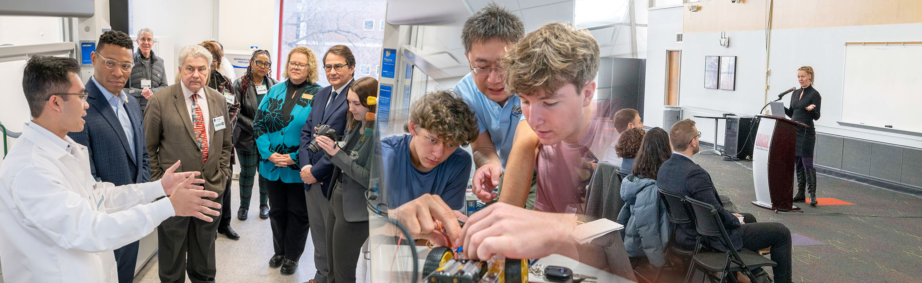 A wide banner image showing scenes of academic and community engagement: on the left, a researcher in a white coat speaks with a group of visitors in a laboratory or institutional setting; in the center, students work together on a hands-on engineering  project with guidance from Dr. Xin Wang; on the right, an audience listens to a speaker presenting at a podium.