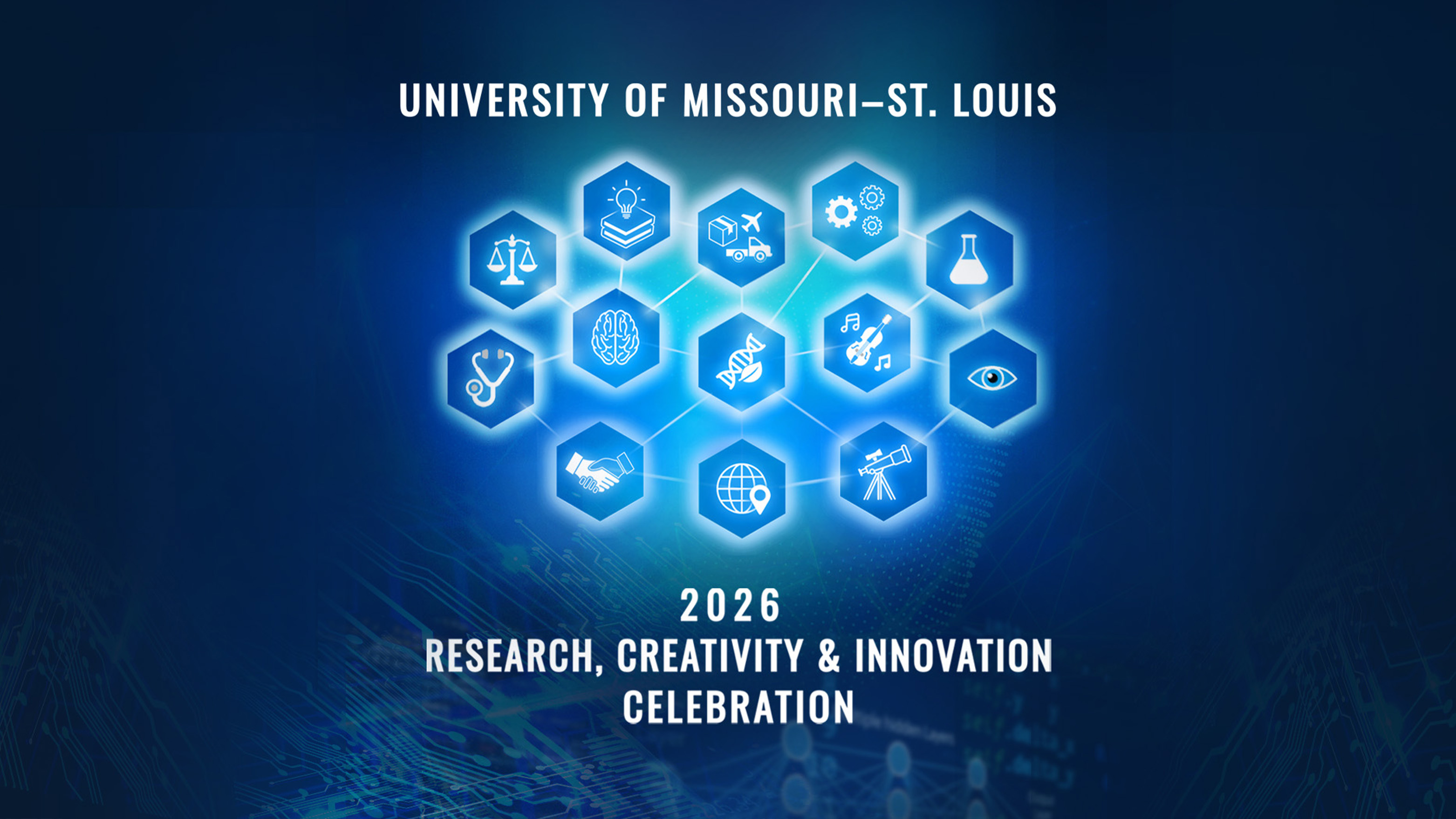 University of Missouri–St. Louis 2026 Research, Creativity & Innovation Celebration graphic with interconnected icons representing multiple academic fields.