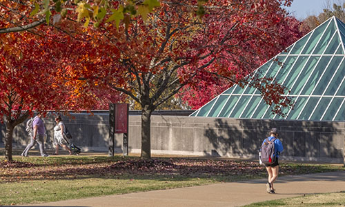 Fall on campus by the pyramid