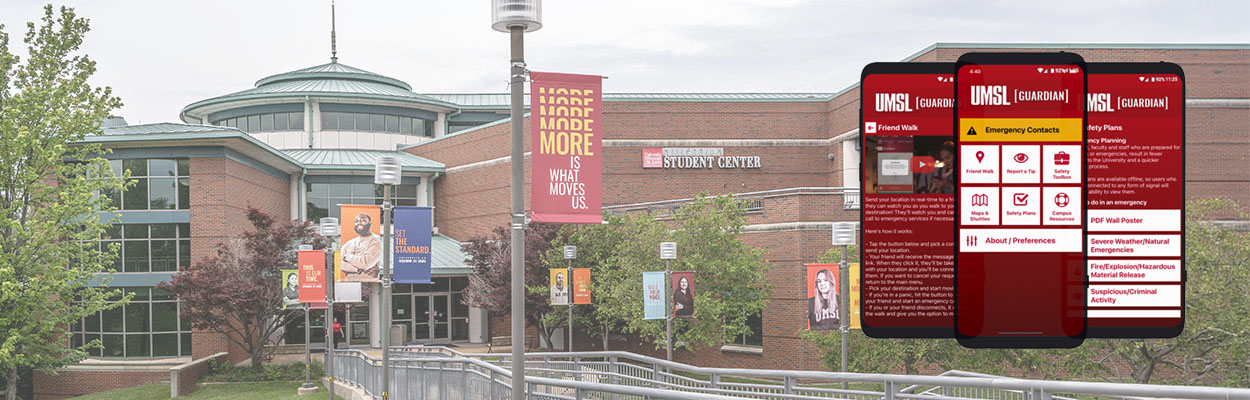 screenshots of the app on an image of the MSC with banners