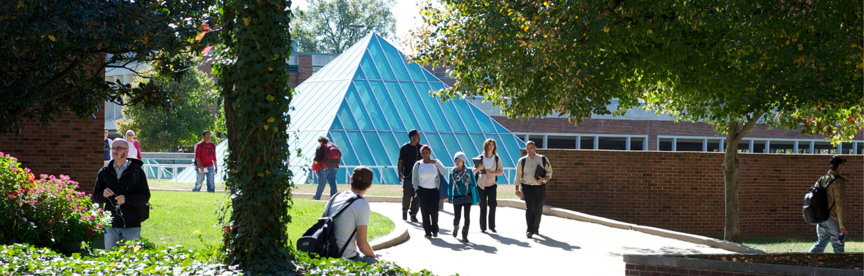 people walking in front of UMSL's library