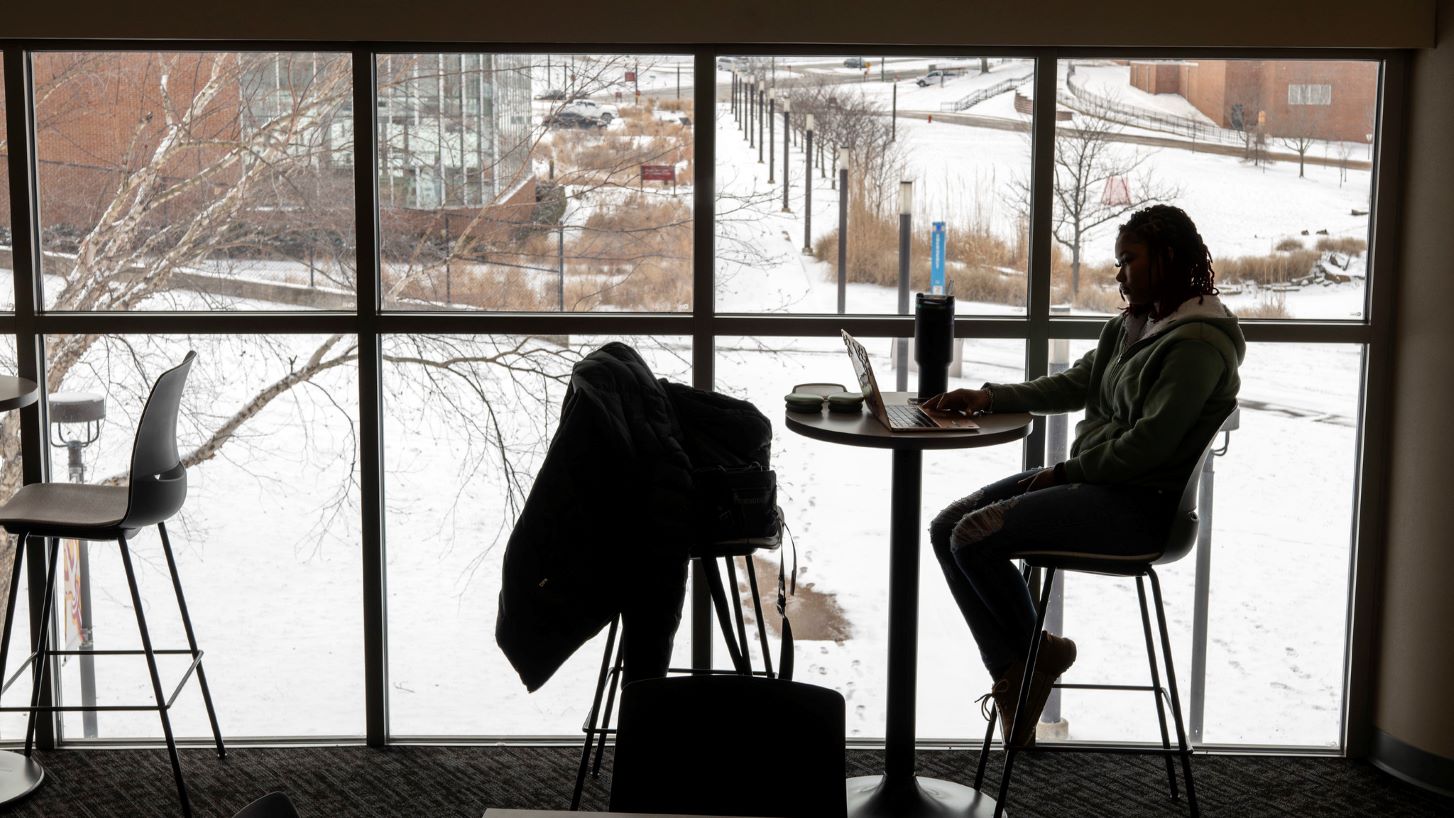 fireside lounge student at table