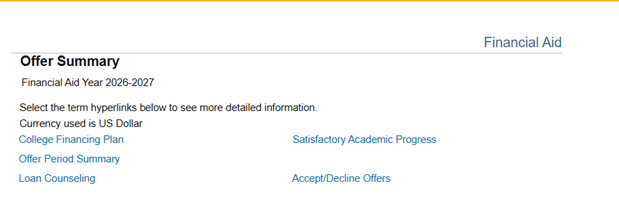 offer summary frinancial aid