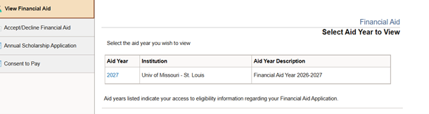 view financial aid step from student center tile
