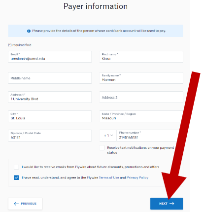 screenshot of flywire step 2