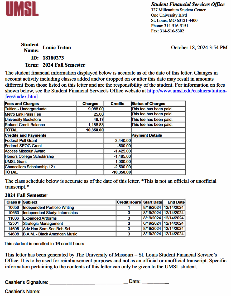 screenshot of a sample paid fees letter