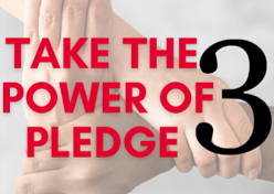 three hands grasping each hand's arm with the text Take the Power of Pledge 3 over the image
