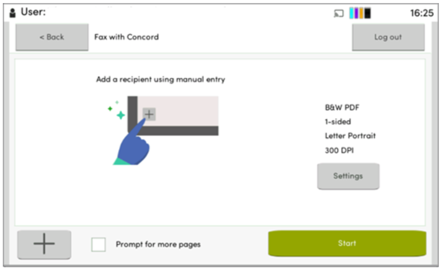 Illustration of a user interface for sending a fax, featuring an option to add a recipient with a manual entry button.