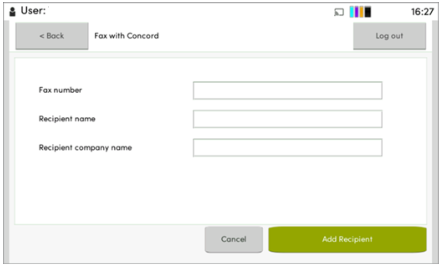 Fax interface prompting the user to input fax number, recipient name, and recipient company name.
