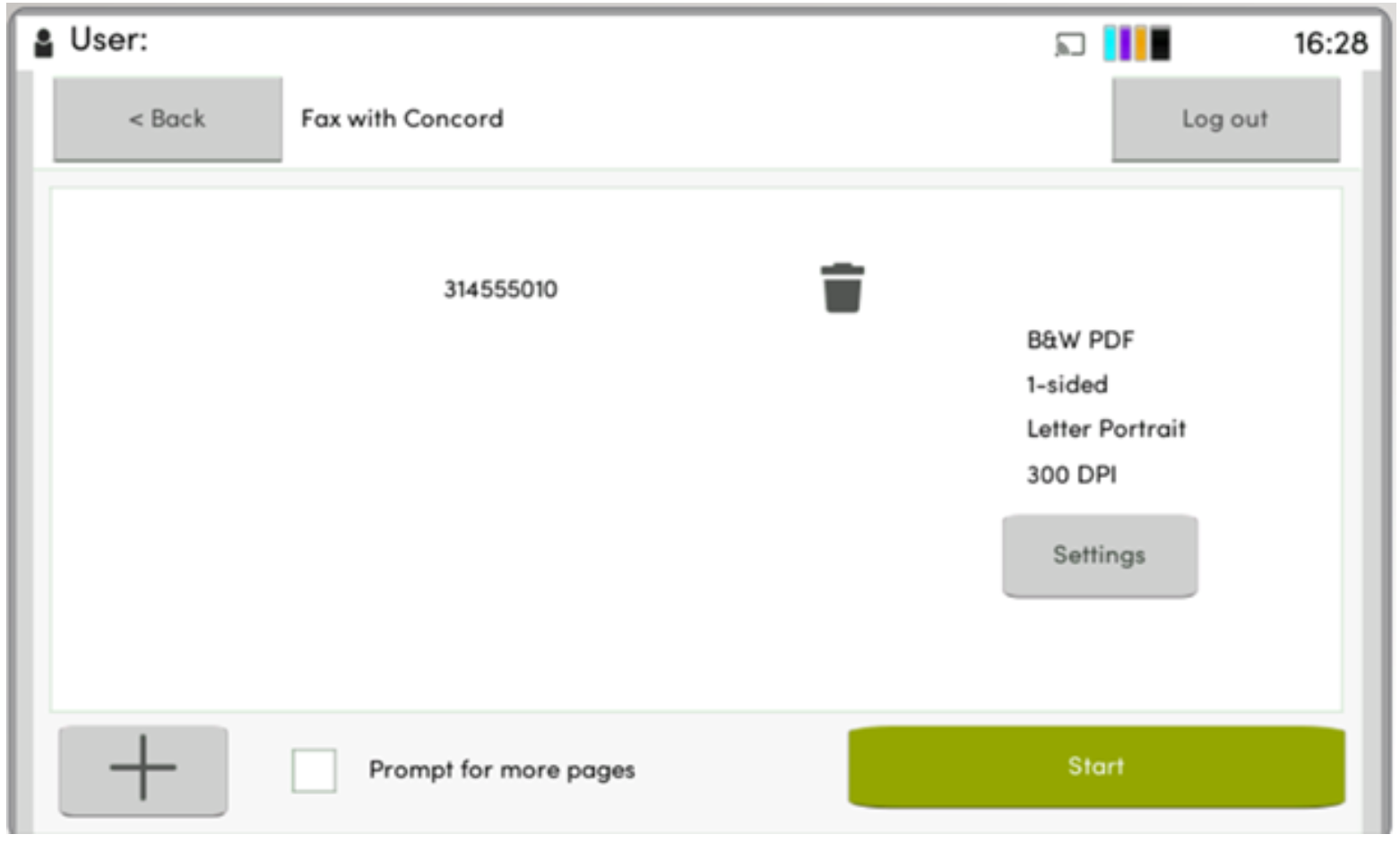 Digital fax interface displaying options for sending a fax, including settings for file type and orientation.