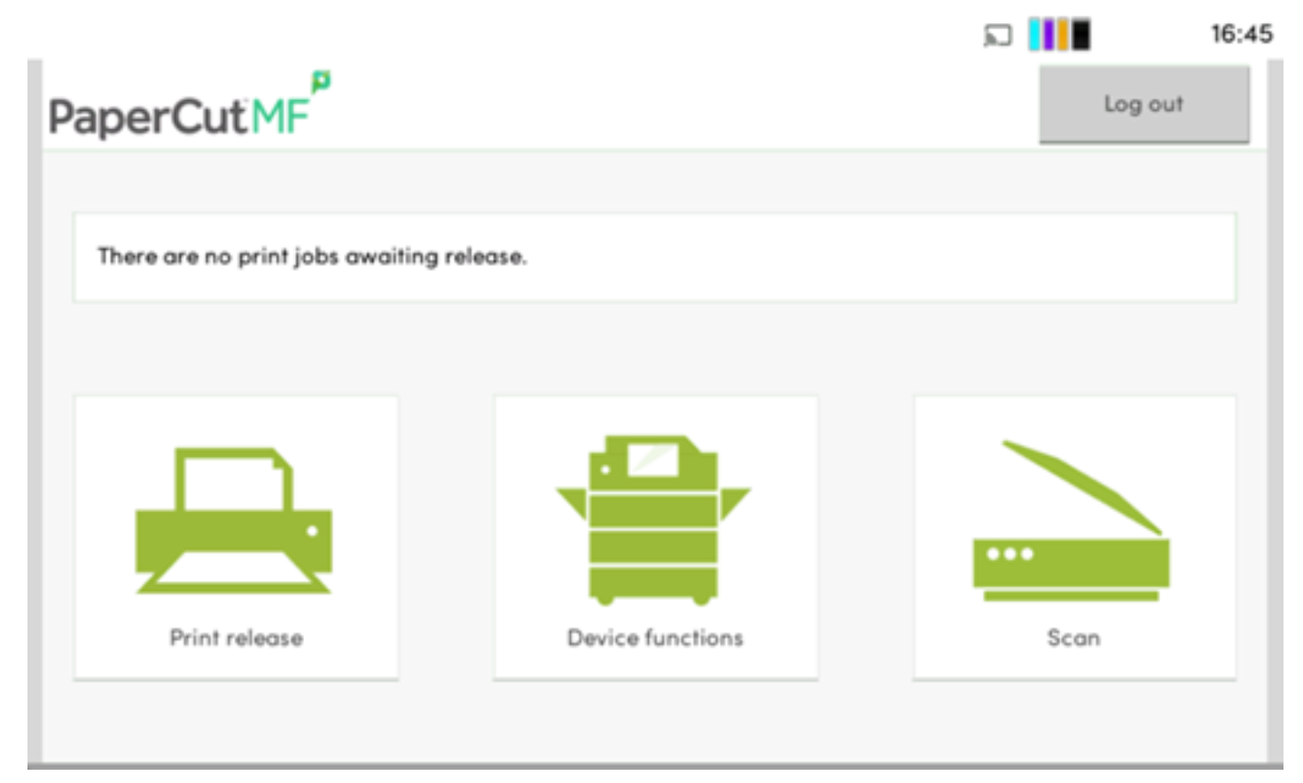 Screenshot of the PaperCut MF interface showing options for print release, device functions, and scanning, with a message indicating no print jobs are awaiting release.