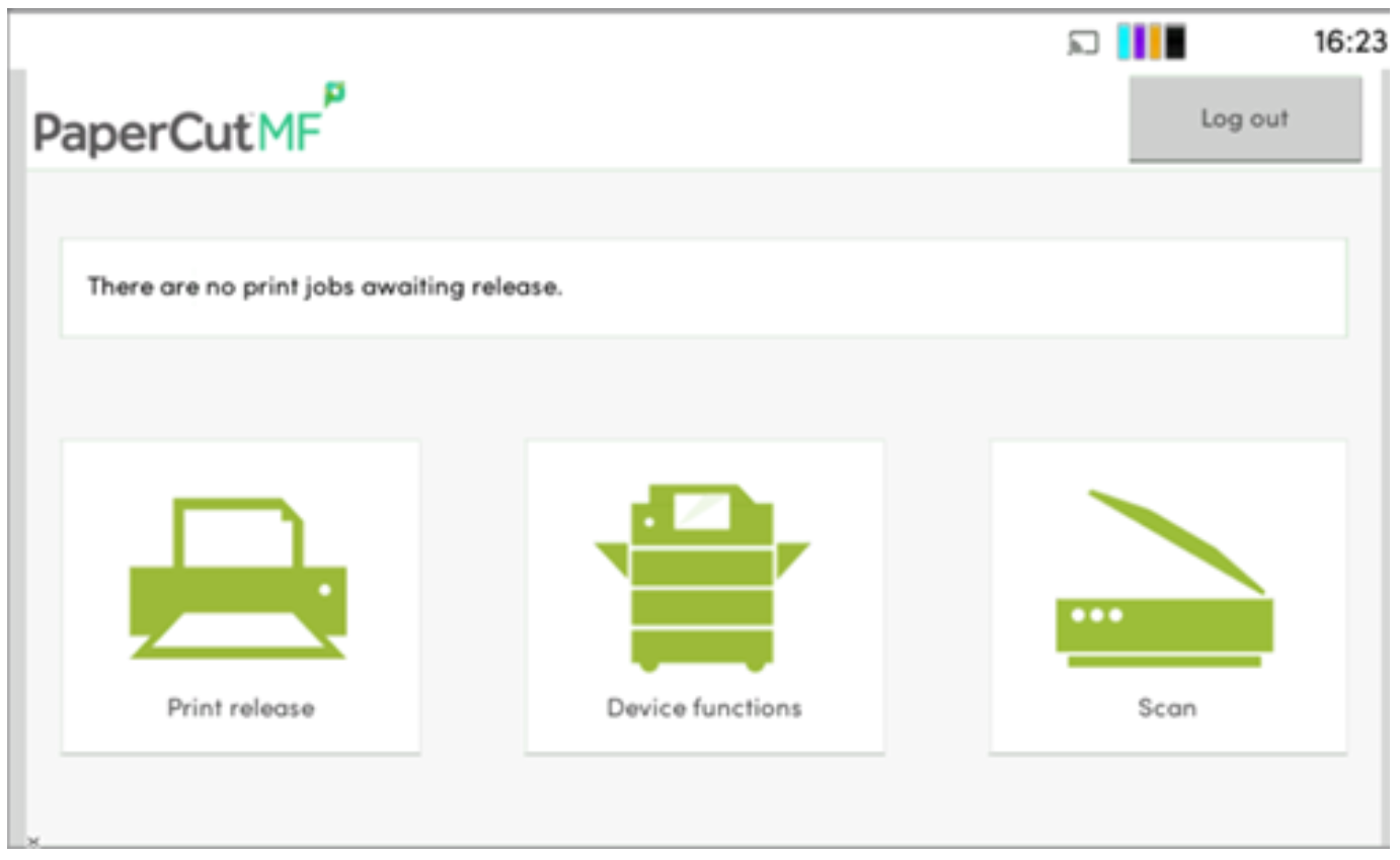PaperCut MF interface showing options for print release, device functions, and scan, with a message indicating no print jobs are awaiting release.