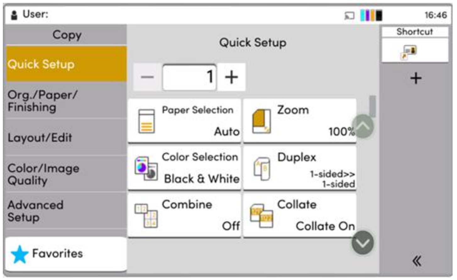 Screenshot of a printer control panel displaying quick setup options for paper size, zoom, color selection, duplex, and collate settings.