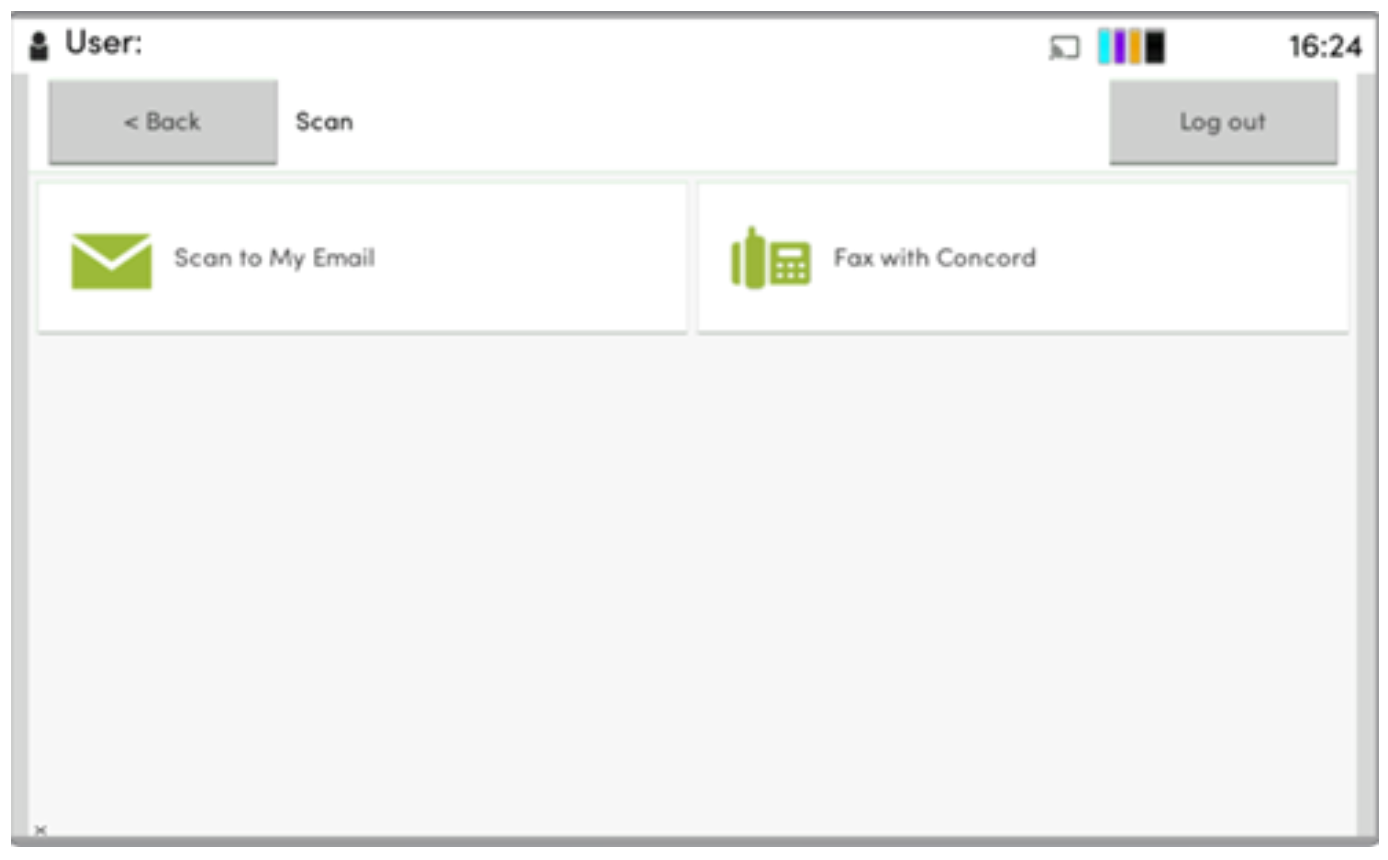Uuser interface displaying options to scan to email or fax with Concord.