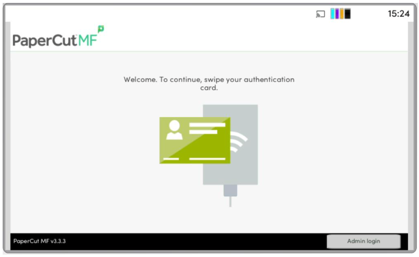 Login screen for PaperCut MF showing a user prompt to swipe an authentication card.