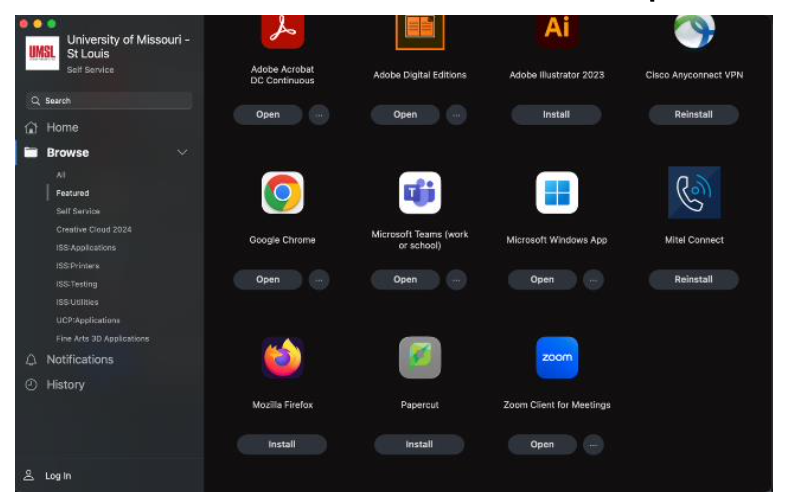 Screenshot of the University of Missouri - St. Louis self-service application interface displaying available software options and installation buttons.