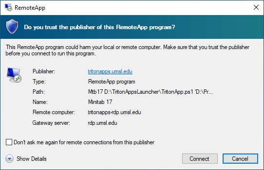 Do you trust the publisher of this RemoteApp program?