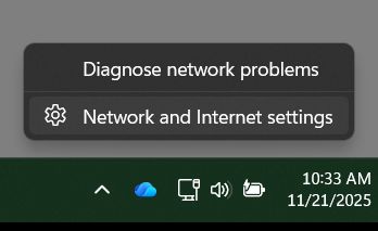 Screenshot of a computer's network settings menu displaying options to diagnose network problems and access network and internet settings.