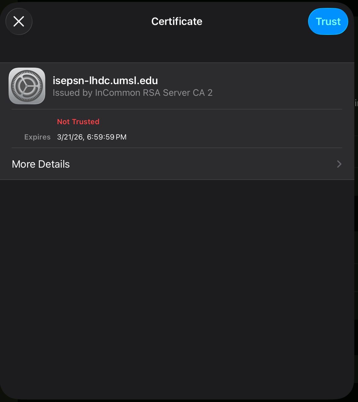 Screenshot of a certificate details window, displaying information about the certificate's issuer and trust status.