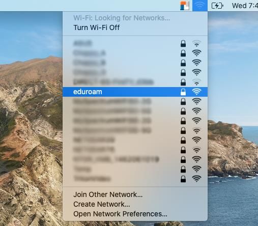 Wi-Fi network selection menu displaying available networks, with "eduroam" highlighted.