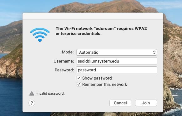 Wi-Fi network connection prompt for "eduroam" requiring WPA2 enterprise credentials, including fields for mode, username, and password.