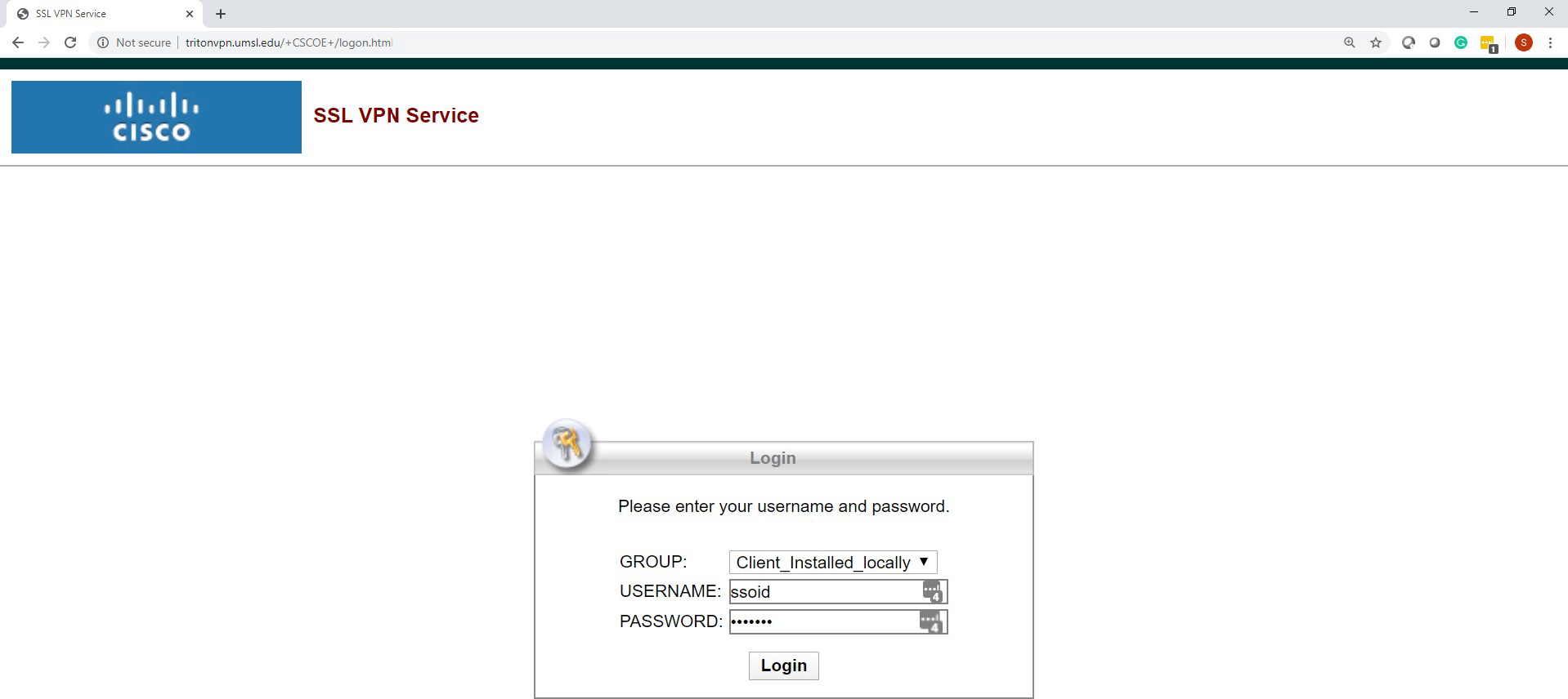 Cisco SSL VPN login interface with fields for group selection, username, and password.