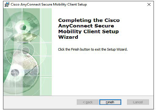 Screenshot of the Cisco AnyConnect Secure Mobility Client Setup Wizard, indicating the completion of the installation process with a "Finish" button.