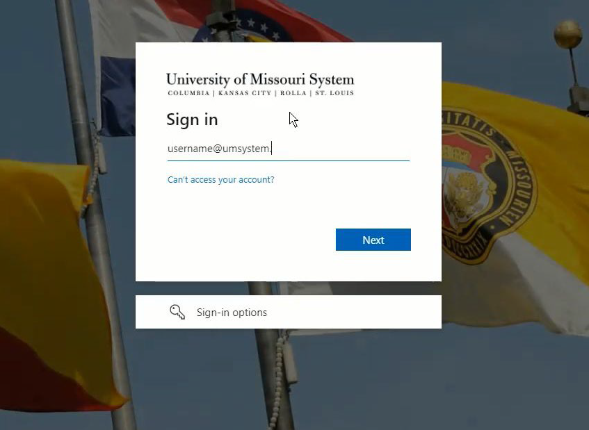 Login screen for the University of Missouri System, featuring fields for username input and account access options.