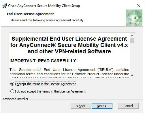 Screenshot of the Cisco AnyConnect Secure Mobility Client Setup End-User License Agreement with options to accept the terms.