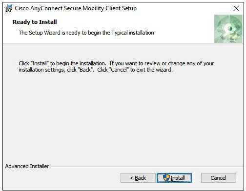 Screenshot of the Cisco AnyConnect Secure Mobility Client Setup ready to install window, featuring options to begin installation, review settings, or cancel.