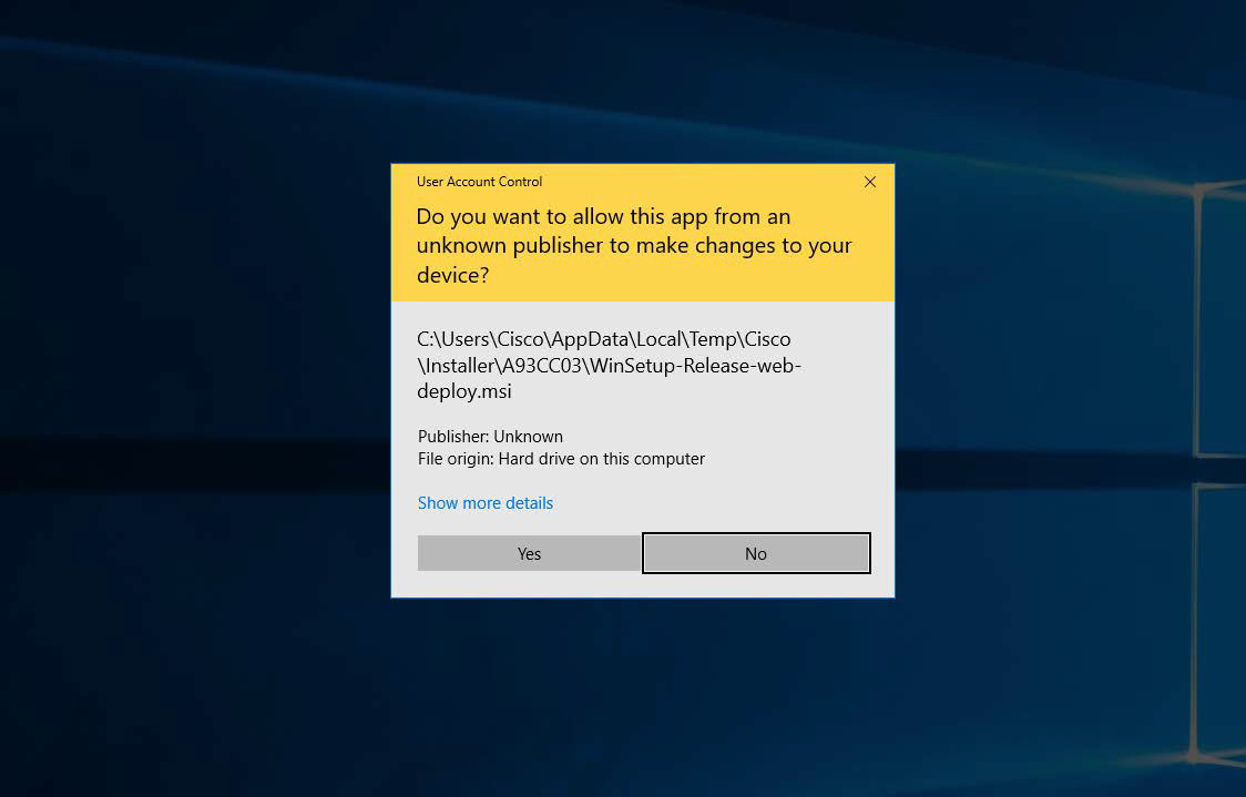 User Account Control dialog box prompting for permission to allow an app from an unknown publisher to make changes to the device.