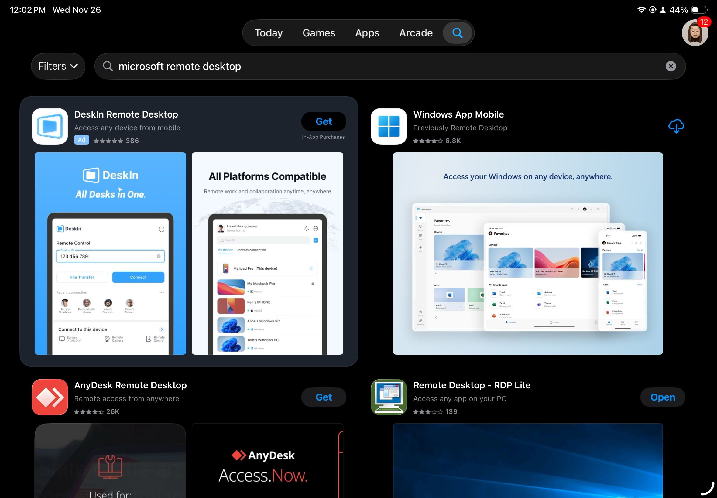 Screenshots of various remote desktop applications available for download, including Deskin, Windows App Mobile, and AnyDesk.
