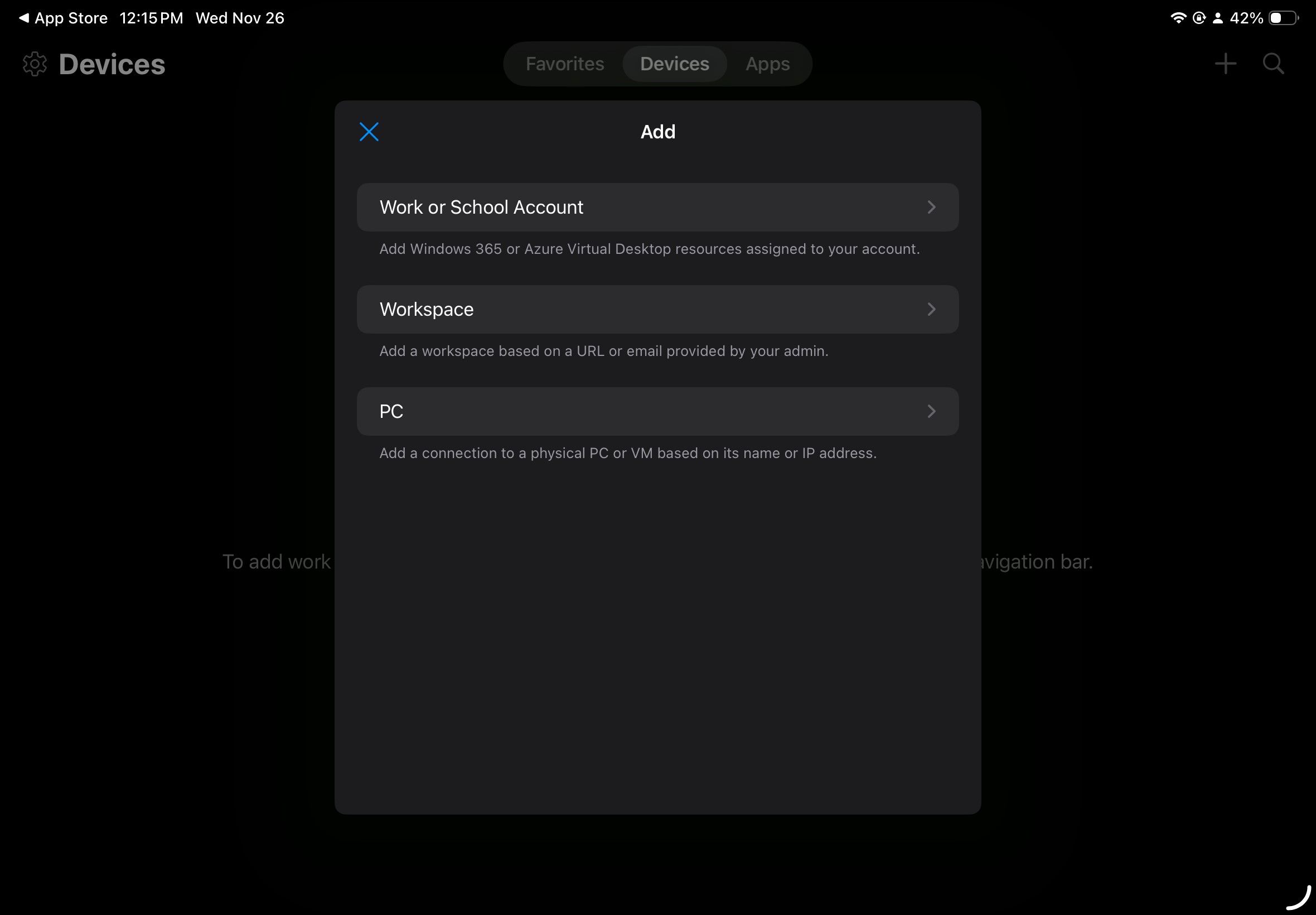 Screenshot of an interface for adding work or school accounts, displaying options for adding a workspace or a connection to a physical PC.