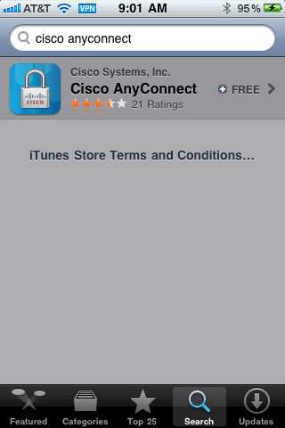 Screenshot of the Cisco AnyConnect app in the iTunes Store, showing the app's logo and its rating information.