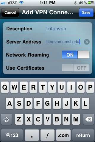 Screenshot of a mobile device displaying the VPN connection setup screen with fields for description, server address, network roaming, and certificate options.